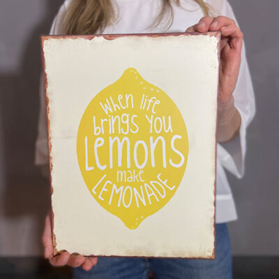 Plåtskyltar med rolig text when life brings you lemons