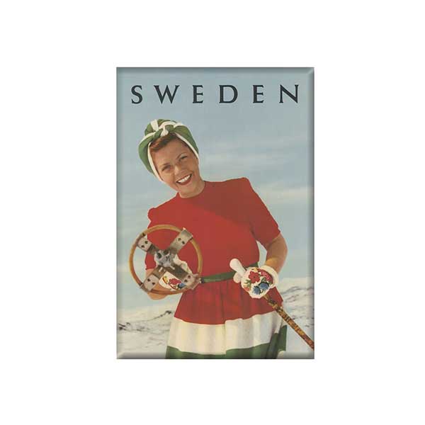 Magnet-med gammal bild Skidflicka-med-stav