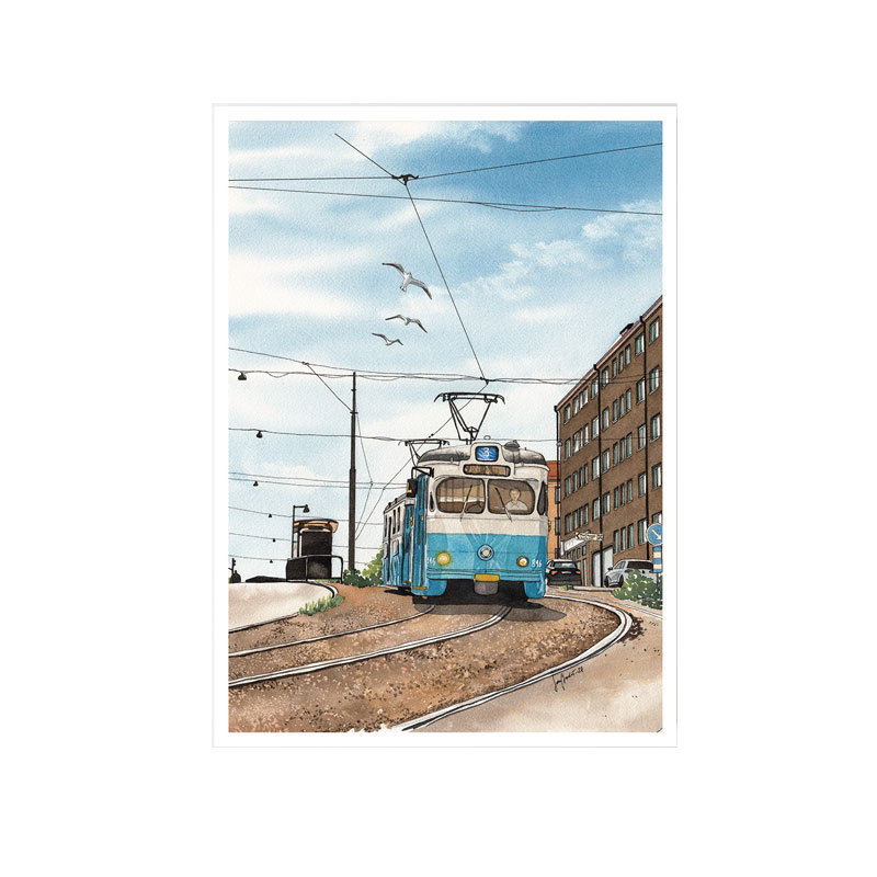 Konstkort med motiv av en spårvagn på väg ner för Stigbergsliden