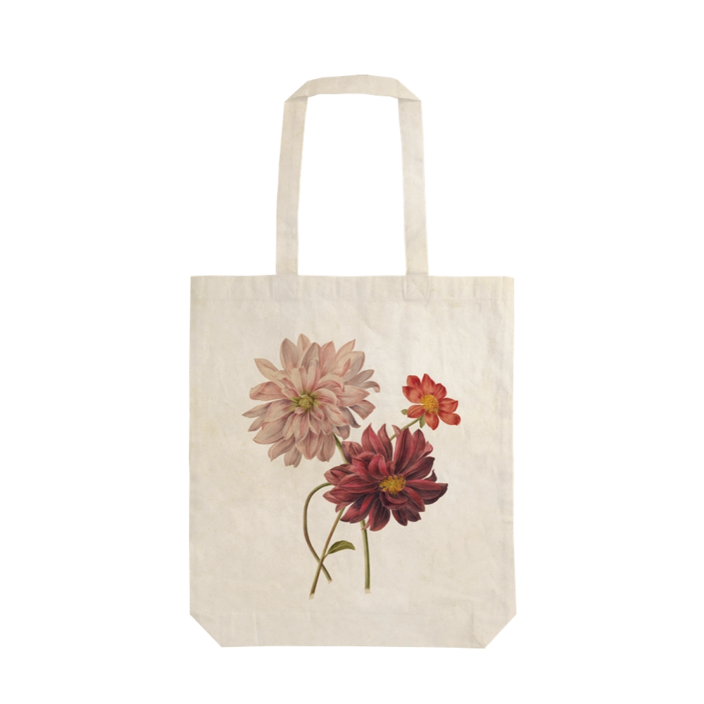 Tygkasse i bomull från Sköna Ting med blommande Dahlior i rosa som motiv.
