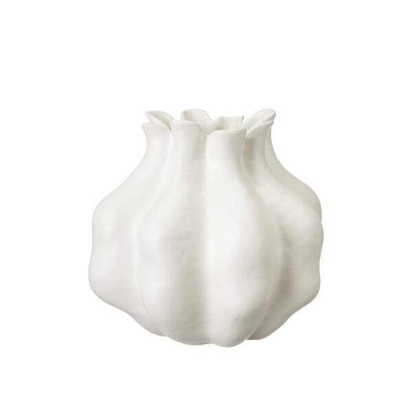 Vacker vit vas i keramik formad som en frökapsel.