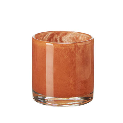 Snygg ljuslykta i orangetonat glas, 8cm hög.