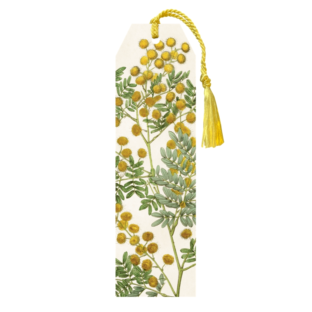 Bokmärke från Sköna Ting med en tofs och vacker Mimosa som motiv.