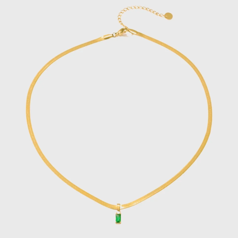 Halsband Snake chain i guldplätering med grön kristall.