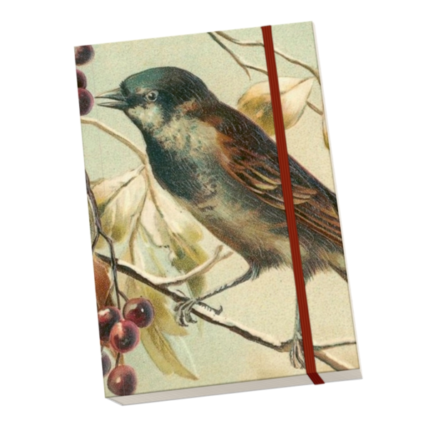 Anteckningsbok från Sköna Ting med motiv av en vinterfågel på den mjuka pärmen.