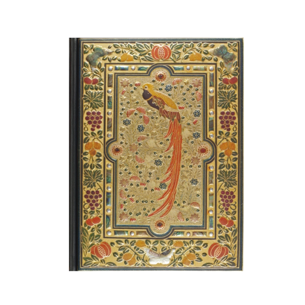 Anteckingsbok med en fågel med lång stjärt i typisk orientalisk stil. Bokens färger går i guld, brunt o organge.