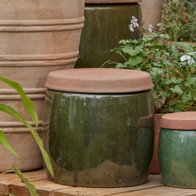 Glaserad rustik grön kruka med lock i terracotta.