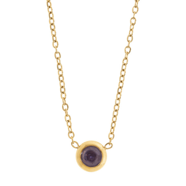 Guldfärgat chakra halsband med en berlock av lilafärgad sten.