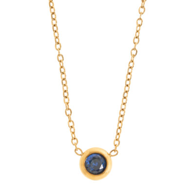 Guldfärgat chakra halsband med en berlock av en blå sten.