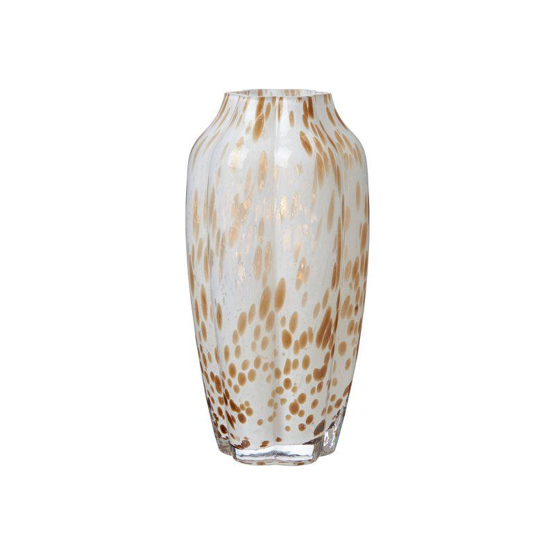 Hög vit glasvas med beige stänk.