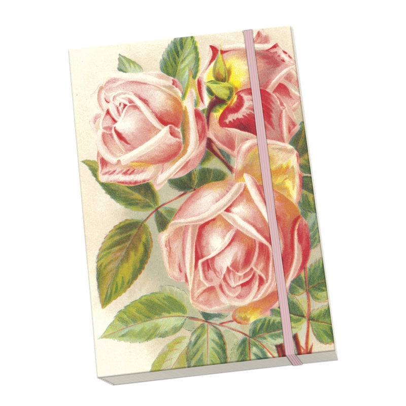 En anteckningsbok med rosa roser på omslaget.