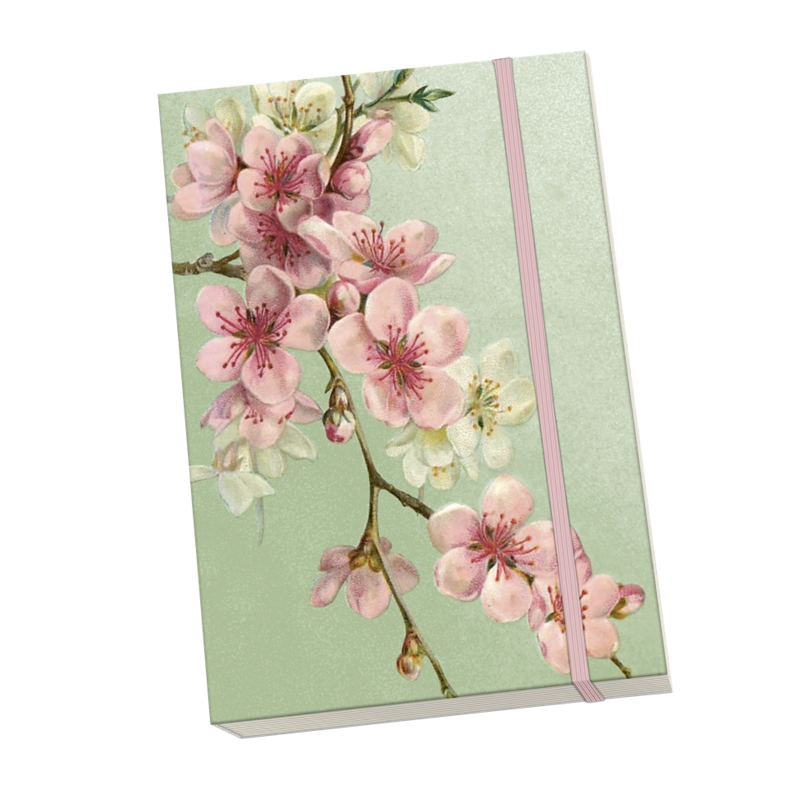 En anteckningsbok med en blommande körsbärsblomkvist på omslaget.