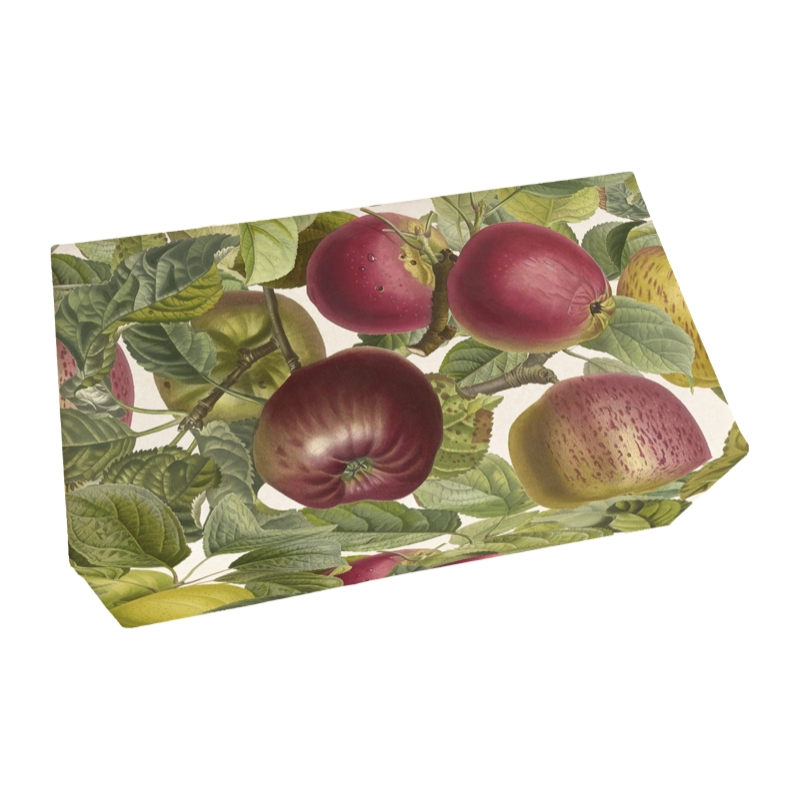 En rektangulär tvålförpackning i vintagestil med röda äpplen o gröna blad på omslaget.