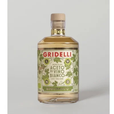 En flaska med vitvinsvinäger från Gridelli.