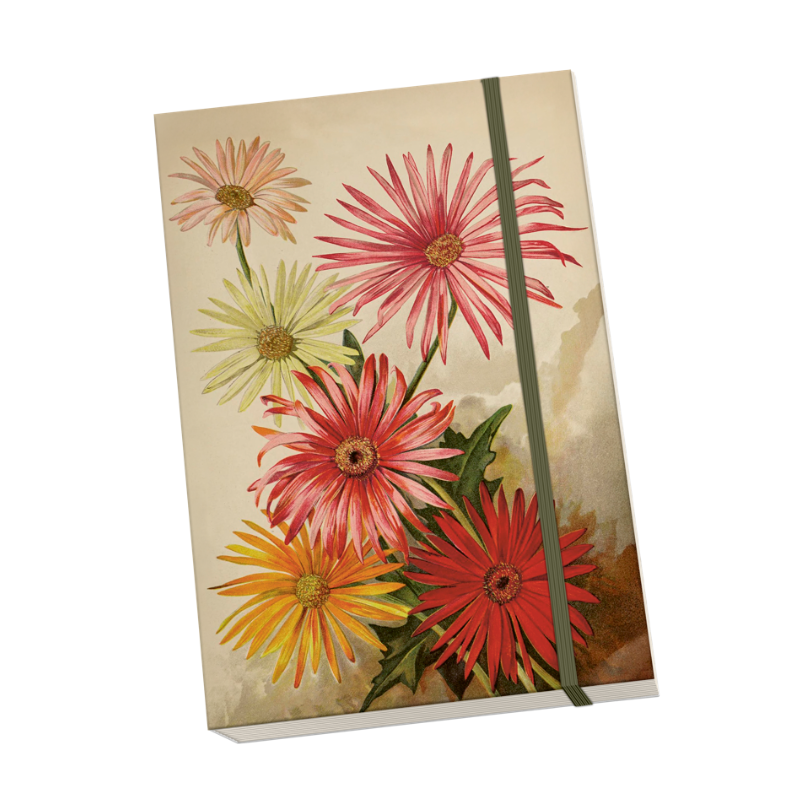 Anteckningsbok i a5 storlek med Gerbera på framsidan.