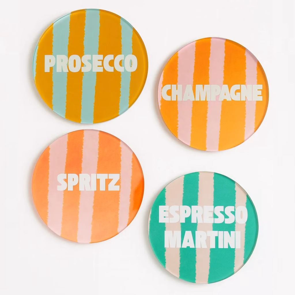 Coasters med ränder och text, Prosecco, Champagne, Spritz och Espresso Martini.