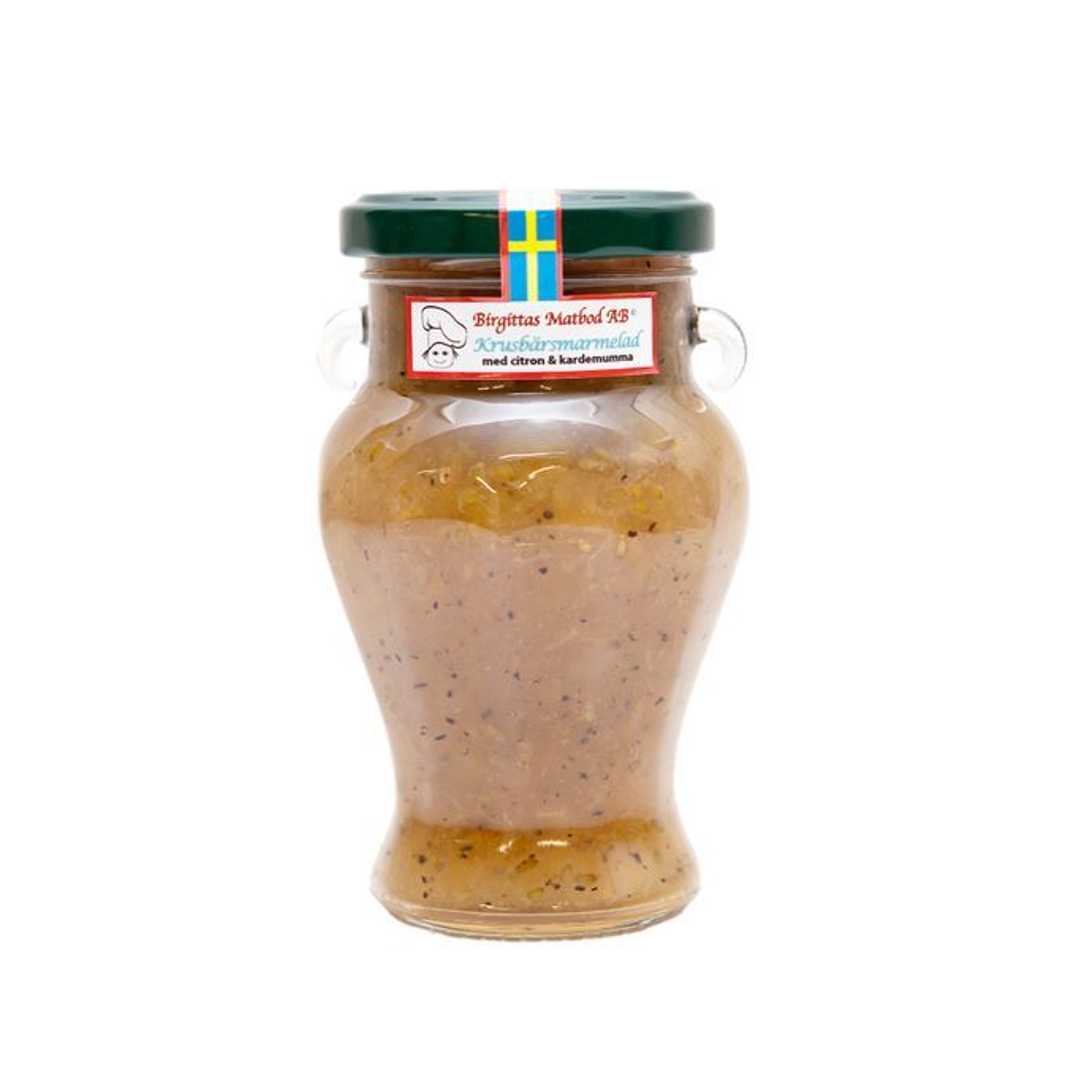 Krusbarsmarmelad från Birgittas matbod med smak av citron och kardemumma.