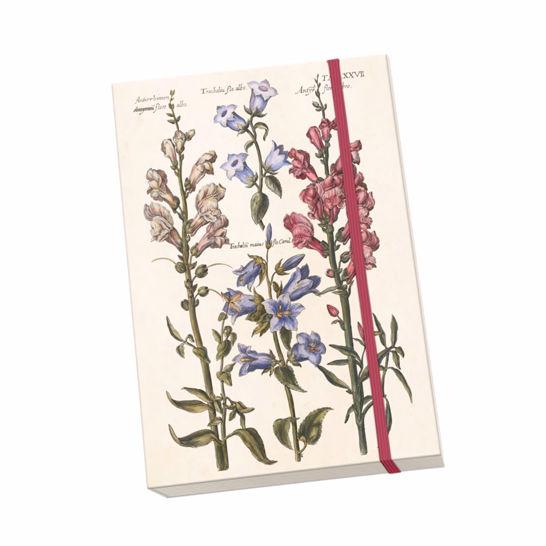 Anteckningsbok från Sköna Ting i a5 storlek med blå blomster på den mjuka pärmen.