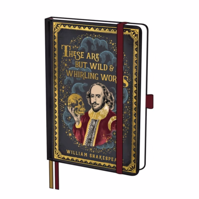 Anteckningsbok med shakespeare på framsidan.
