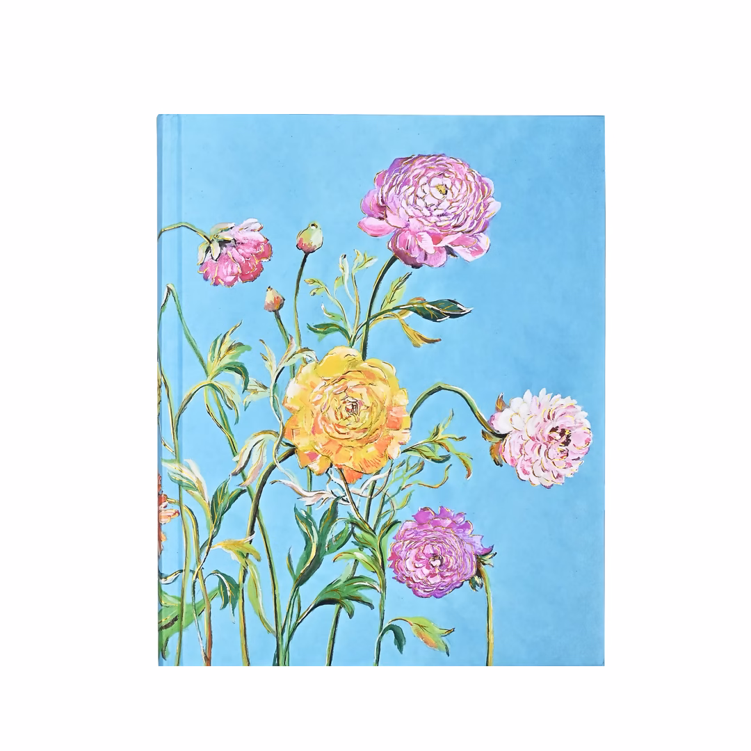 Anteckningsbok I a5 storlek, Garden blooms. Turkos framsida med blommor i lila och gult.