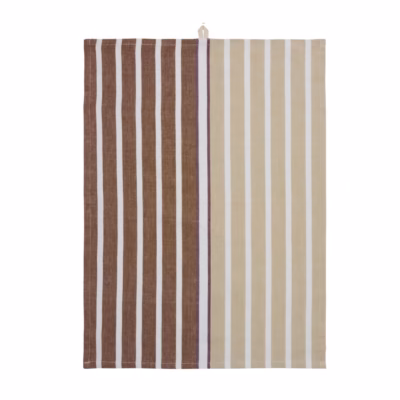 Handduk med beige, brun och lila ränder.