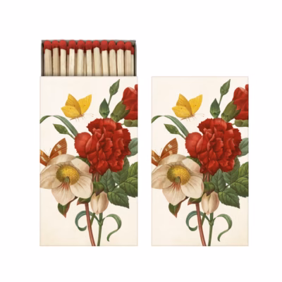 Tändsticksask från Sköna Ting med röda blommor på.